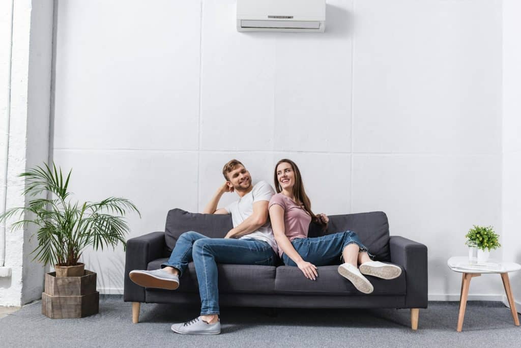 Trusted heat pump and air conditioning in king & pierce county | positive girlfriend and boyfriend hugging at home with air conditioner